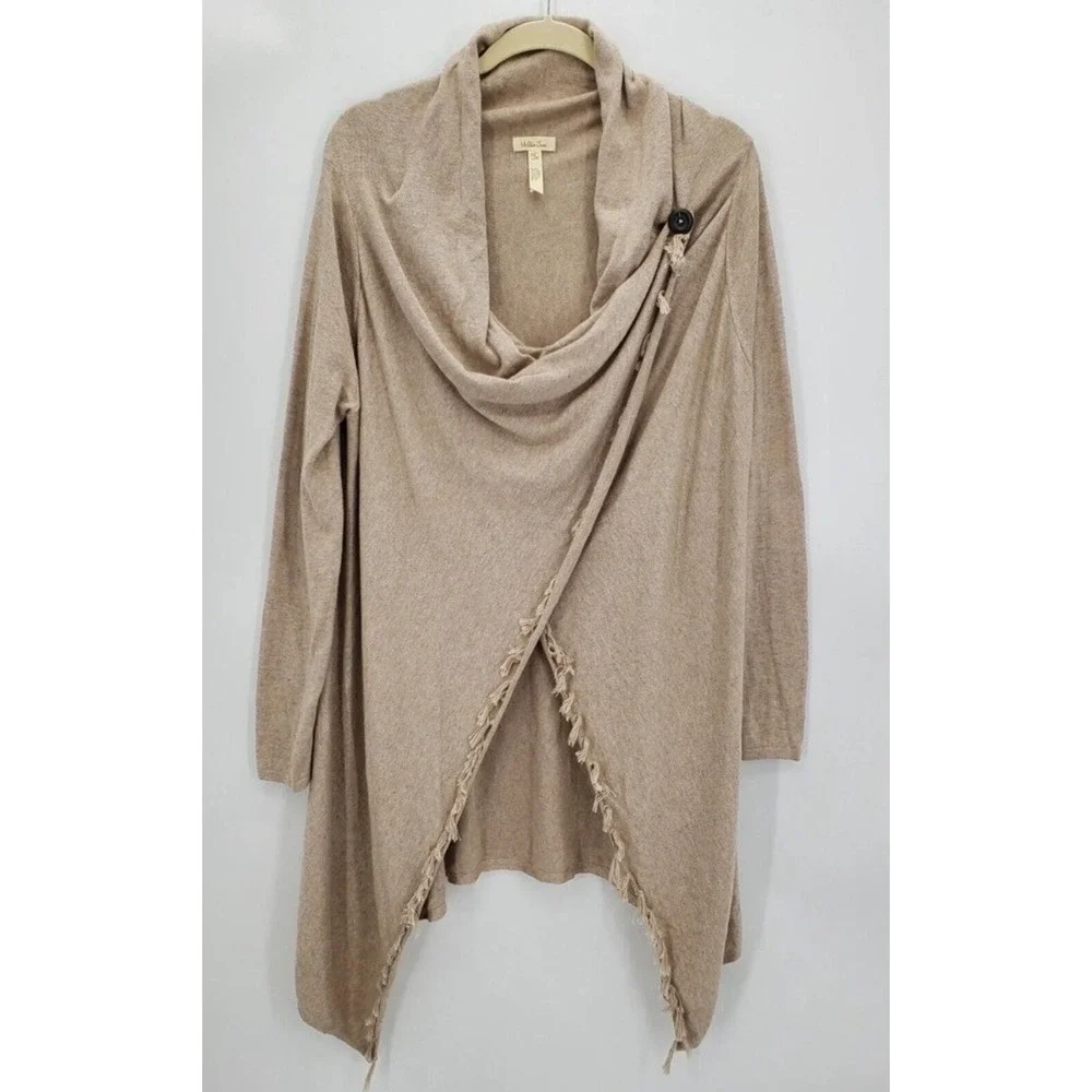 Matilda Jane Come On Over Tan Cardigan Sweater Knot Fringe‎ Button Detail Size M
